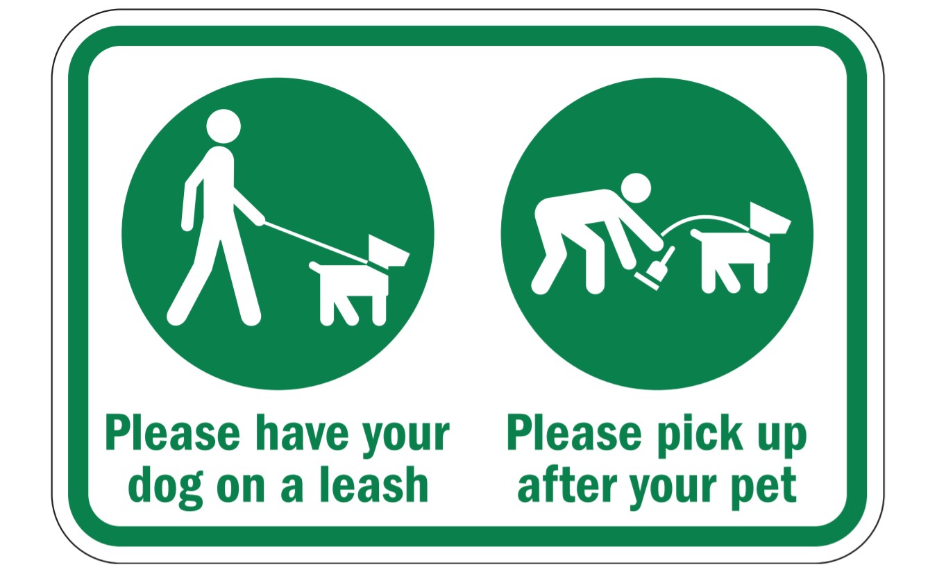 Sign that shows man with dog saying please clean up and leash your dog