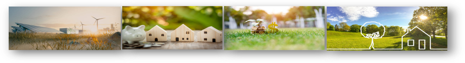 Windmills with solar panels, piggy bank with coins and houses being built, stack of coins and dollar symbol with green tree growing from it, a hand drawn tree and house with a green field and the background