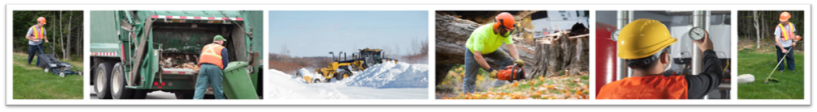 Public Maintenance workers loading garbage, cutting grass, plowing snow