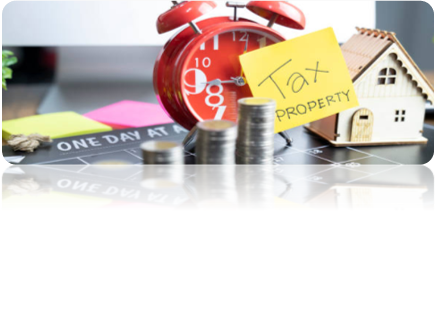 Clock, house, coins with a post-it note saying property tax