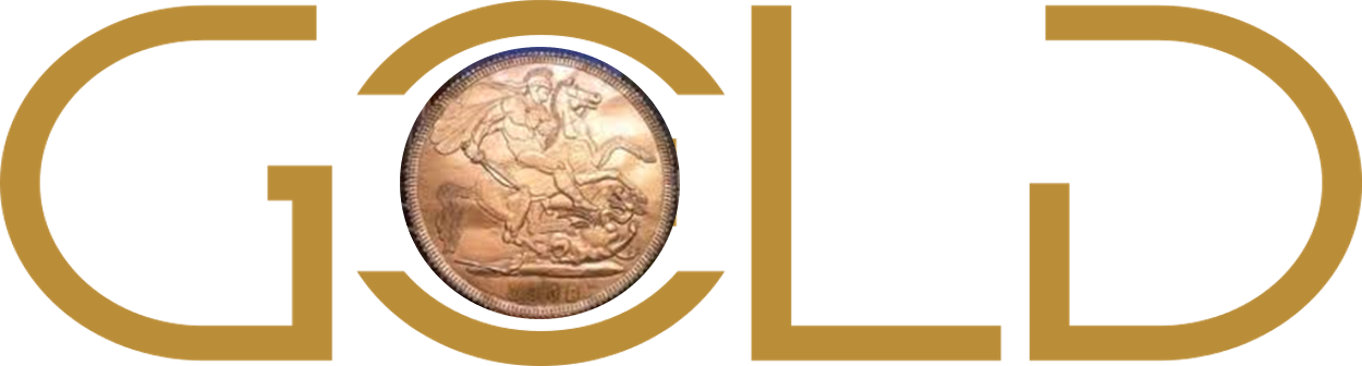 The word Gold in bold lettering with a gold coin in the center of the O