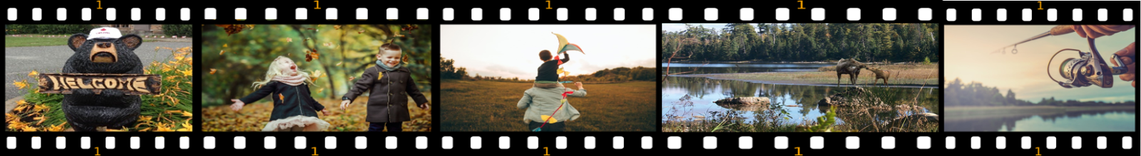 Image is a film strip with the wooden bear at the tourist center holding a welcome sign, a couple of children throwing leaves and laughing, a man and child with a kite, a mother and baby moose at the waters edge, hands holding a fishing rod with a lake in the background